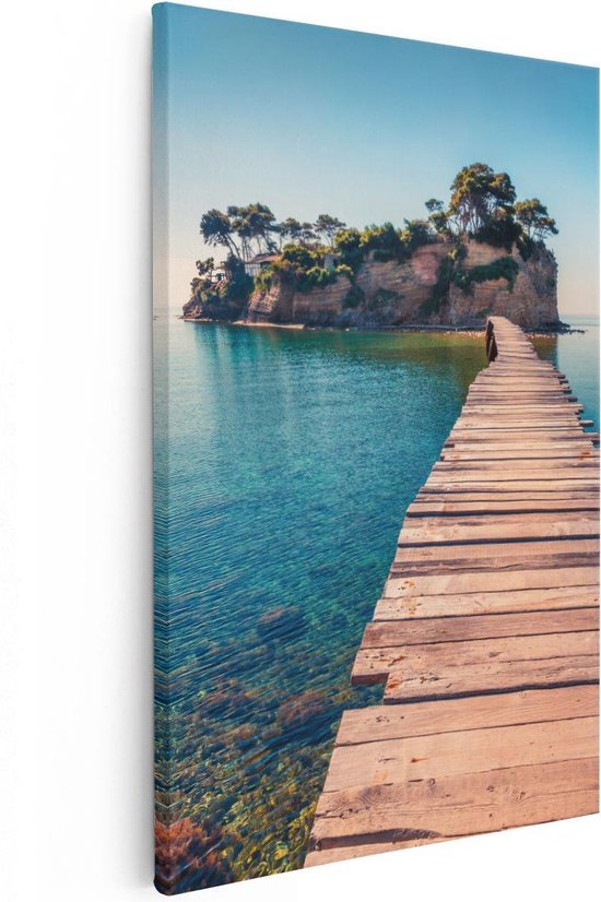 Artaza Canvas Schilderij Pad Op Het Water Naar Een Grieks Eiland - 40x60 - Poster Foto op Canvas - Canvas Print