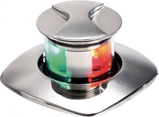 Een Osculati LED 2-kleuren navigatielicht, groen en rood, met roestvrijstalen kruisvormige dop en glazen behuizing.