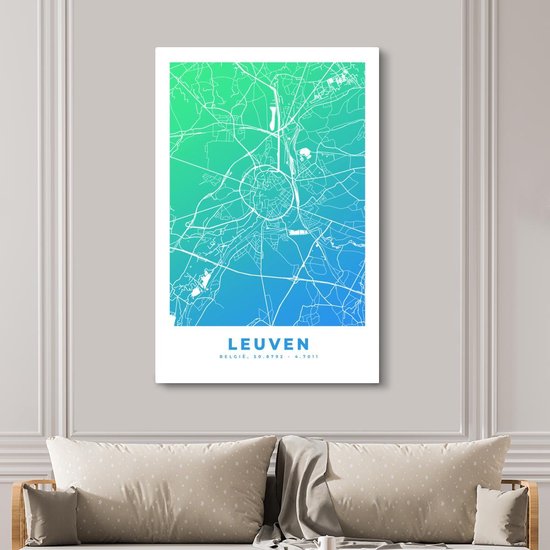 Tableau sur Toile City Map - Louvain - Blauw - Vert - 120x180 cm - Décoration murale XXL - Carte