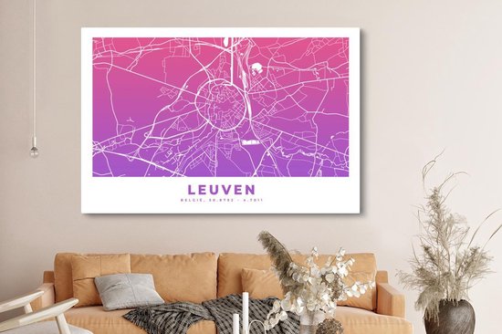 Tableau sur toile Carte de ville - Louvain - België - Violet - 180x120 cm - Décoration murale XXL