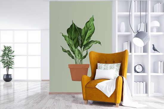 Illustration d'une plant aux feuilles luxuriantes sur fond gris-bleu 145x220 cm