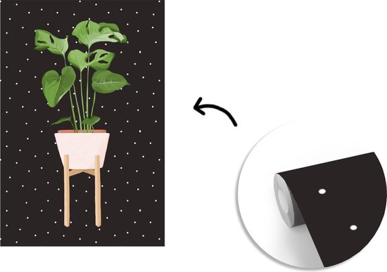 Illustration d'une plant Monstera sur fond noir à pois blancs 200x300 cm