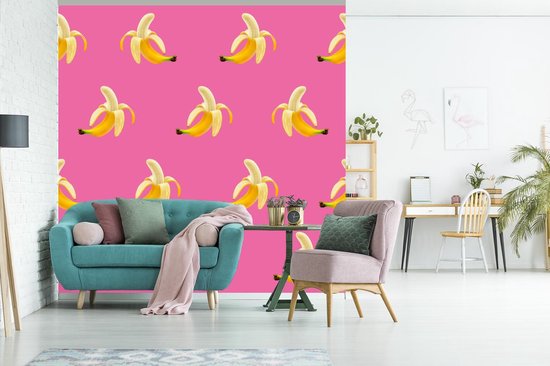 Behang - Fotobehang Banaan - Patroon - Roze - Breedte 350 cm x hoogte 350 cm