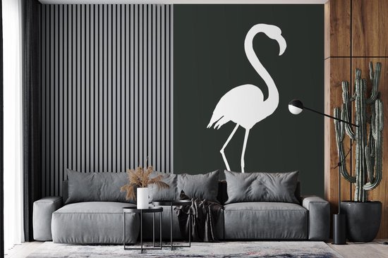 Silhouette Wit d'un flamant rose sur fond gris foncé 195x300 cm