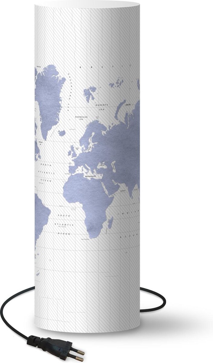 Lamp - Nachtlampje - Tafellamp slaapkamer - Wereldkaart - Blauw - Waterverf - 70 cm hoog - Ø22.3 cm - Inclusief LED lamp
