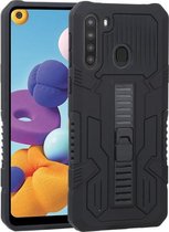 Voor Samsung Galaxy A21 Amerikaanse versie Vanguard Warrior All Inclusive dubbele kleur schokbestendig TPU + pc-beschermhoes met houder (rotszwart)