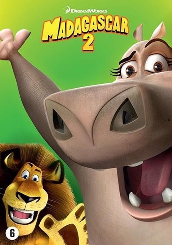 De cover van de DVD 'Madagascar 2' toont Alex de leeuw en Gloria het nijlpaard met een felgroene achtergrond. Op de cover staat 'Madagascar 2'.
