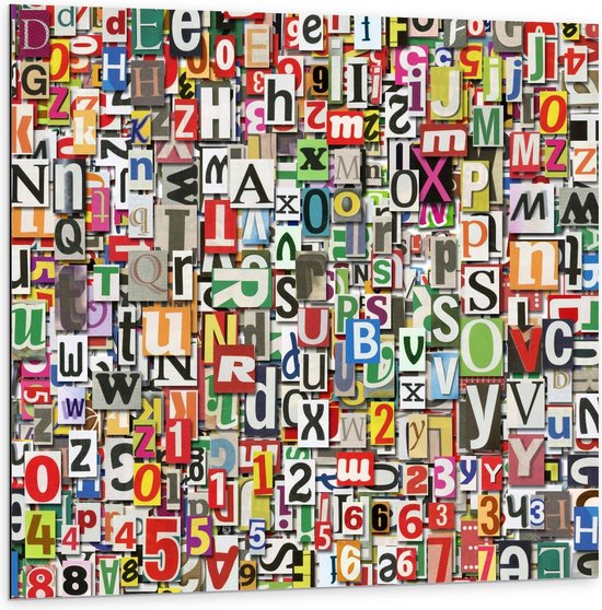 Dibond - Collage van Letters - 100x100cm Foto op Aluminium (Met Ophangsysteem)
