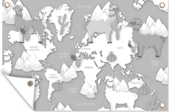 Tuindecoratie Alpaca's en bergen op een lichte wereldkaart - zwart wit - 60x40 cm - Tuinposter - Tuindoek - Buitenposter