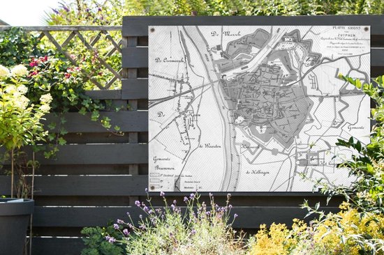 Affiche de jardin - Toile de jardin - Posters de jardin extérieur - Carte historique de la ville de Zutphen - noir et blanc - 120x90 cm - Jardin - Plan de la ville