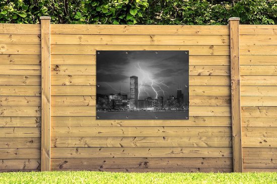 Affiche jardin - Toile Posters de jardin extérieur - Skyline de Chicago avec éclairs - noir et blanc - 120x90 cm - Jardin