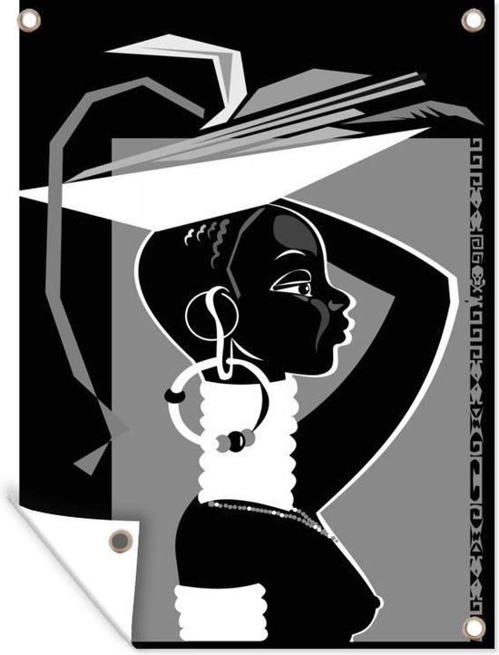 Tuinschilderij Illustratie van een Afrikaanse vrouw - zwart wit - 60x80 cm - Tuinposter - Tuindoek - Buitenposter