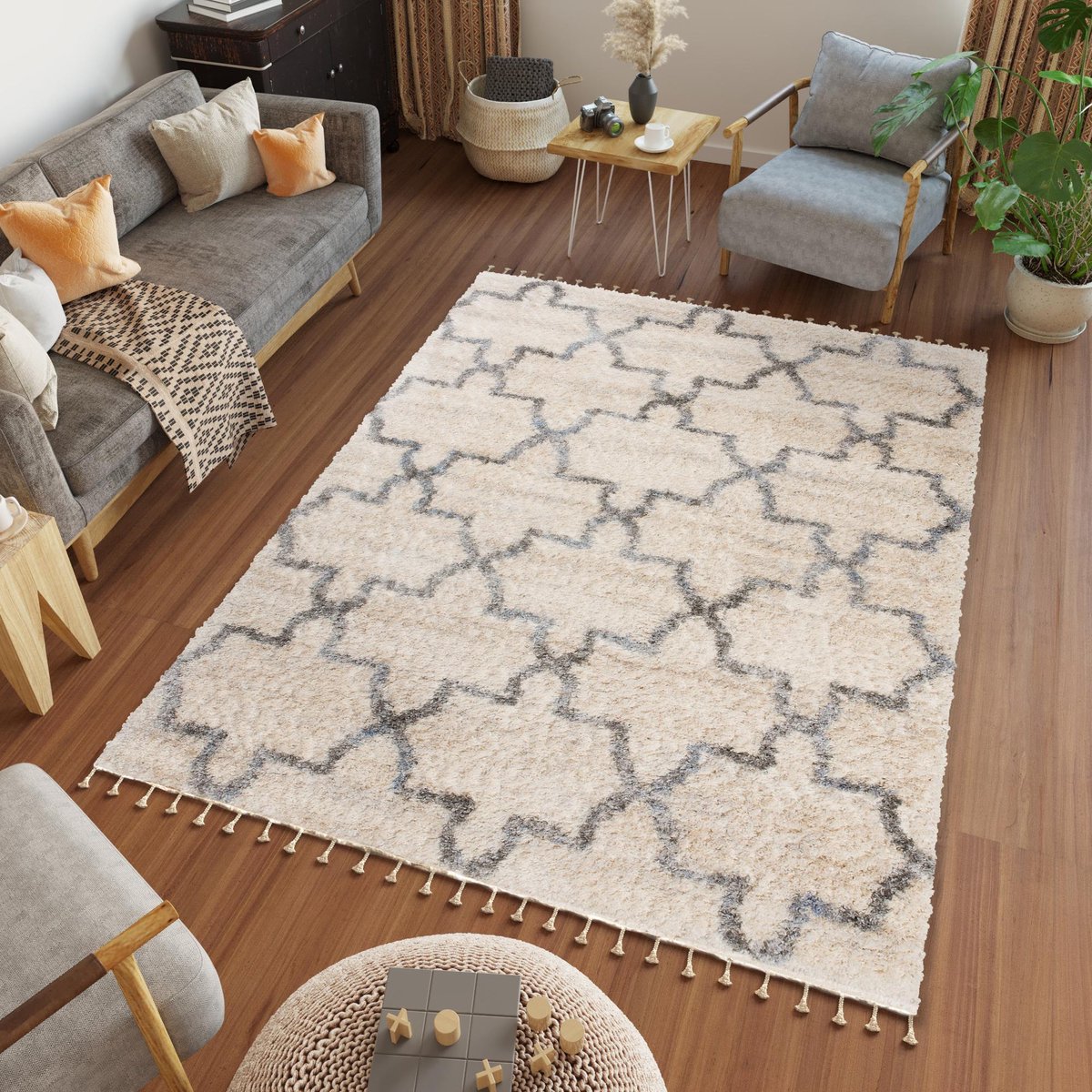 Tapiso Versay Fringes Vloerkleed Hoogpolig Trellis Tapijten Maat- 80x200 Creme Grijs2