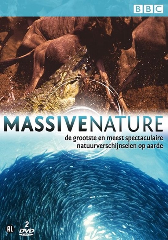 DVD hoes met grote kudde buffels en een zeeschildpad bovenaan, en een school vissen onderaan. Tekst: MASSIVENATURE, de grootste en meest spectaculaire natuurverschijnselen op aarde.