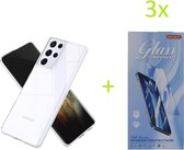 Samsung Galaxy S21 Ultra Hoesje Transparant TPU Siliconen Soft Case + 3X Tempered Glass Screenprotector