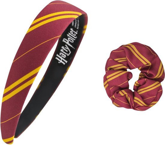 Hoofdband en scrunchie set met rode en gele strepen, met Harry Potter logo.