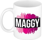 Maggy  naam cadeau mok / beker met roze verfstrepen - Cadeau collega/ moederdag/ verjaardag of als persoonlijke mok werknemers