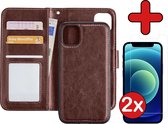 Hoesje Geschikt voor iPhone 12 Pro Hoesje Book Case Uitneembare 2-in-1 Hoes Met 2x Screenprotector - Hoes Geschikt voor iPhone 12 Pro Hoes Wallet Case Pashouder Hoesje - Bruin