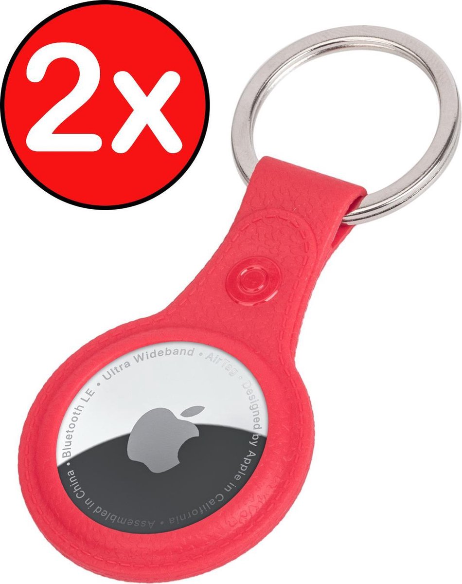 Hoesje Geschikt voor Apple AirTag-Sleutelhanger Leer Hoesje Leder Look - Hoesje Geschikt voor Apple AirTag Hanger Sleutelhanger Hoesje - Rood - 2 PACK