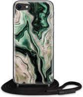 iPhone SE 2020 hoesje met koord - Groen marmer / Marble | Apple iPhone SE (2020) crossbody case | Zwart, Transparant | Water