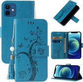 Reliëf Lucky Tree Horizontale Flip Leren Case met Houder & Kaartsleuf & Portemonnee & Lanyard Voor iPhone 12 mini (Blauw)