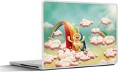 Laptop sticker - 13.3 inch - Kinderillustratie karakter met konijnenpak glijdt van de regenboog - 31x22,5cm - Laptopstickers - Laptop skin - Cover