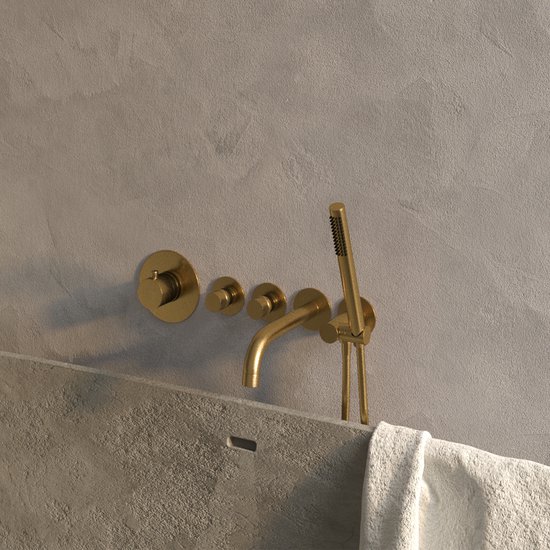 Foto: Badkraan inbouw set brauer gold edition thermostatisch met uitloop en staaf handdouche geborsteld goud