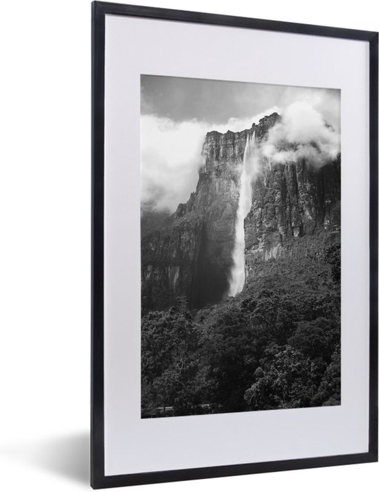 Fotolijst incl. Poster - Zwart-wit afbeelding van de watervallen van het Nationaal park Canaima - 40x60 cm - Posterlijst