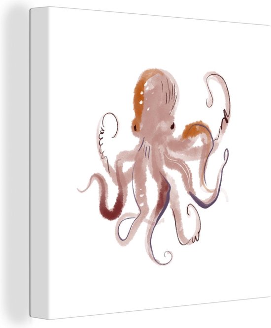 Een aquareltekening van een roze-bruine octopus met tentakels, op een witte achtergrond, in de hoek.