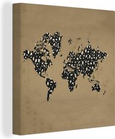 Canvas Wereldkaart - 50x50 - Wanddecoratie Wereldkaart - Cijfers - Zwart