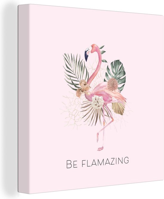 Canvas Schilderij Flamingo - Bloemen - Bladeren - Pastel - 20x20 cm - Wanddecoratie