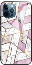 Abstracte marmeren patroon glazen beschermhoes voor iPhone 13 Pro (ruit wit paars)