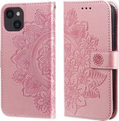 7-bloemblaadjes bloemen reliëfpatroon horizontale flip PU lederen tas met houder & kaartsleuven & portemonnee & fotolijst voor iPhone 13 (rosé goud)