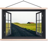 Posterhanger incl. Poster 120x80 cm - Schoolplaat - Doorkijk - Natuur - Mist - Textielposter - Blanke latten