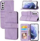 Voor Samsung Galaxy S21 FE Reliëf Gestreepte Magnetische Gesp PU + TPU Horizontale Flip Lederen Case met Houder & Kaartsleuf & Portemonnee & Fotolijst & Sling (Paars)