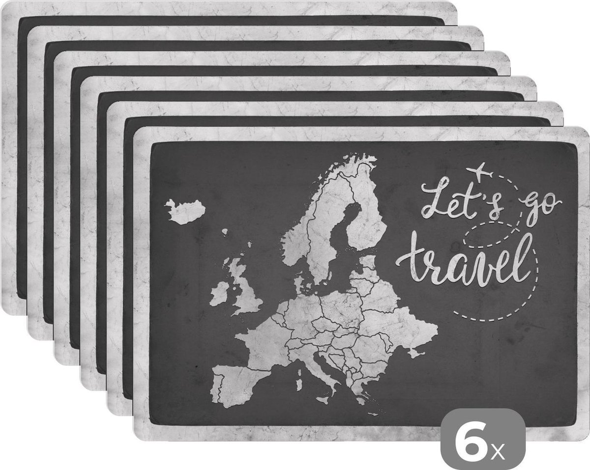Placemat - Placemats kunststof - Vintage Europakaart met de tekst Let's go travel - zwart wit - 45x30 cm - 6 stuks - Hittebestendig - Anti-Slip - Onderlegger - Afneembaar