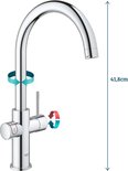 Chroom GROHE kraan met C-uitloop, hoogte 41.8cm, met draairingen voor temperatuur.