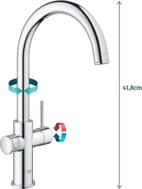 Chroom GROHE kraan met C-uitloop, hoogte 41.8cm, met draairingen voor temperatuur.