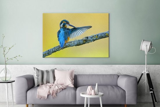 Canvas schilderij 140x90 cm - Wanddecoratie IJsvogel - Tak - Blauw - Muurdecoratie woonkamer - Slaapkamer decoratie - Kamer accessoires - Schilderijen