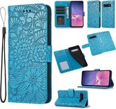Voor Samsung Galaxy S10e Huid Voelen Reliëf Zonnebloem Horizontale Flip Lederen Case met Houder & Kaartsleuven & Portemonnee & Lanyard (Blauw)