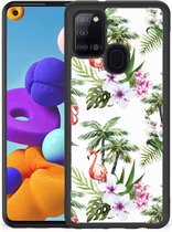 Doorzichtig Hoesje Geschikt voor Samsung Galaxy A21s GSM Hoesje met Zwarte rand Flamingo Palms