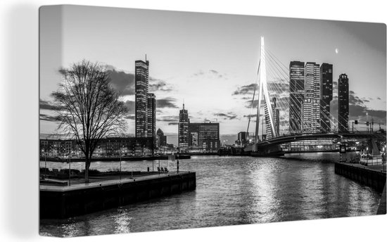 Canvas Schilderij Uitzicht op de Erasmusbrug in Rotterdam - zwart wit - Wanddecoratie