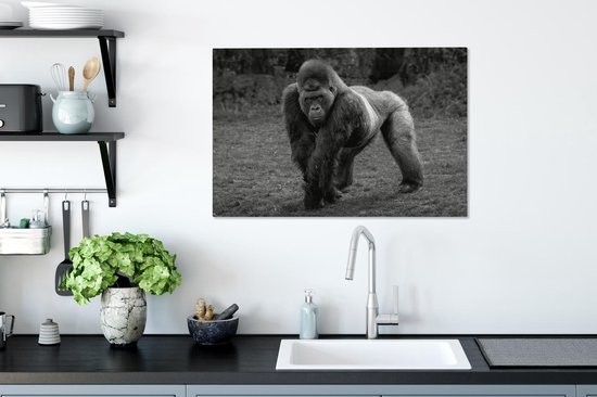 Tableau sur toile Un Gorilla marche sur ses mains et ses jambes - noir et blanc - 60x40 cm - Décoration murale