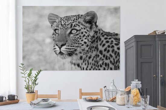 Tableau Tableau Portrait photo léopard - noir et blanc - 150x100 cm - Décoration murale
