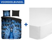 Luxe Dekbedovertrek Tweepersoons - Lits Jumeaux - 240x200/220cm - Inclusief 2 Kussenslopen - 100% Zacht Microvezel - Blauw Proud + Zachte Katoenen Hoeslaken -160x200cm - Wit