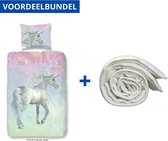 Dekbedovertrek voor Kinderen - Eenpersoons - 140x200/220cm - Inclusief 1 Kussensloop - 100% Versterkt Katoen - Unicorn Roze + Wasbaar Microfiber Dekbed - 140x220cm - Wit