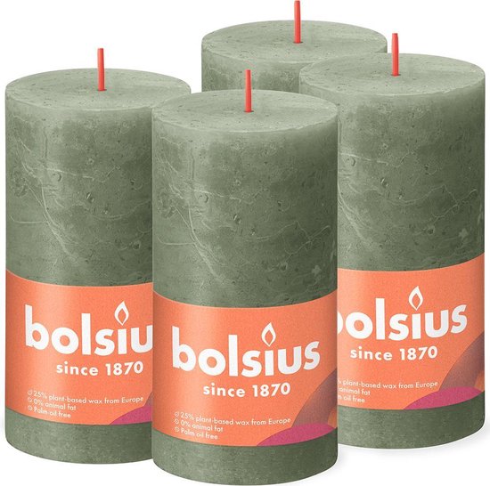 Bolsius - Rustieke Kaars - Olijf Groen - 13cm - 4 stuks