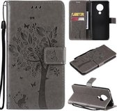 Voor Nokia 5.3 Boom & Kat Patroon Geperst Afdrukken Horizontale Flip PU Lederen Case met Houder & Kaartsleuven & Portemonnee & Lanyard (Grijs)