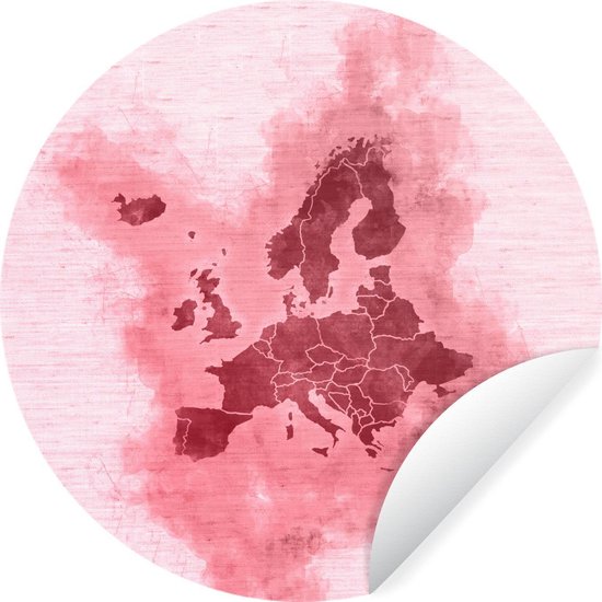 WallCircle - Muurstickers - Behangcirkel - Europa kaart - Waterverf - Roze - 100x100 cm - Muurcirkel - Zelfklevend - Ronde Behangsticker XXL