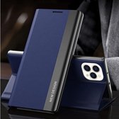 Side gegalvaniseerde magnetische ultradunne horizontale flip lederen hoes met houder voor iPhone 13 Pro Max (donkerblauw)